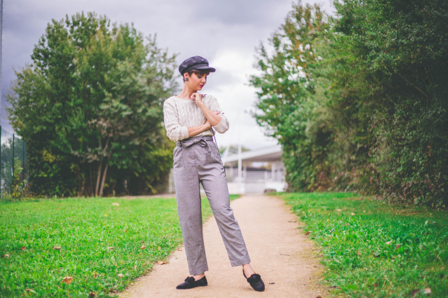 pantalon taille haute pied de poule